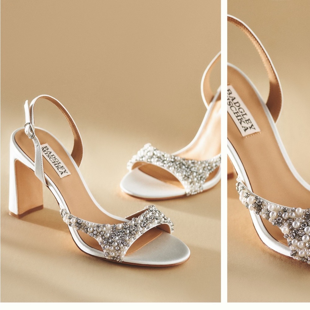 Badgley Mischka White Pearl & Crystal Embellished Satin Sandals - Picture 7 of 7